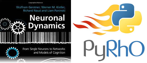 Neuronal dynamics book cover and PyRho logo